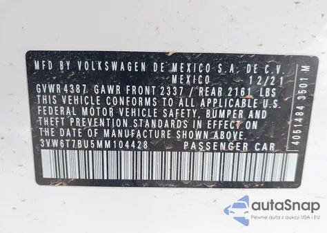 2021 Volkswagen Jetta Gli 2.0T Autobahn/2.0T S from USA, damaged, VIN 3VW6T7BU5MM104428